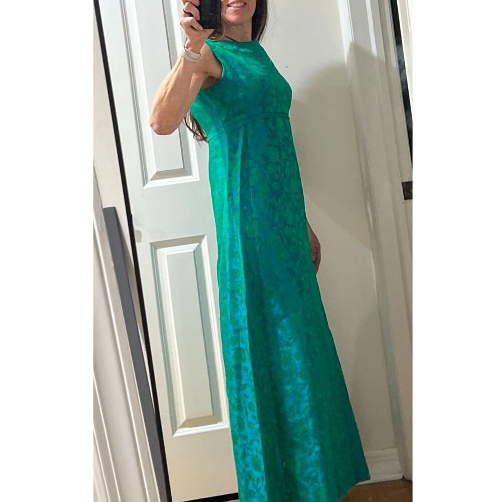 Vintage Late 1960s Emerald & Turquoise Floral Brocade Empire Waist Formal Gown S - Picture 2 of 12